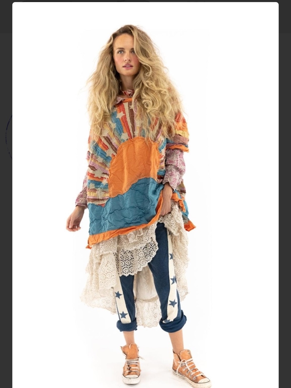 NWT Magnolia Pearl Francis Appliqué Top Patchwork Sunburst Tunic Orange Blue - Picture 10 of 13